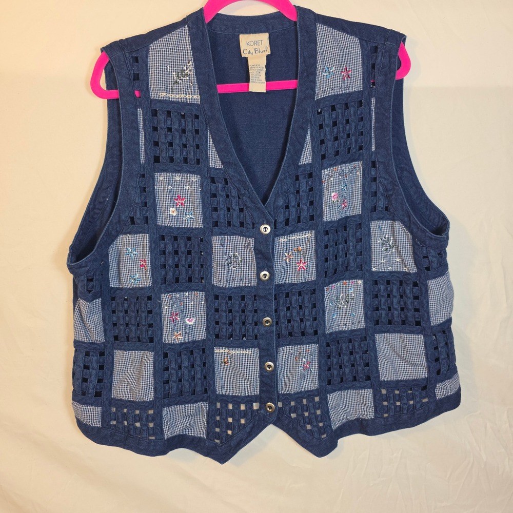 Koret City Blues Vest Women 22W Blue Good Patchwork Embroidered Gingham 2543931
